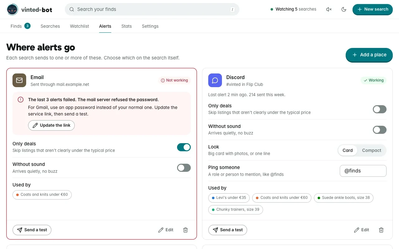 The Where alerts go page: cards for email, Discord, Telegram and a phone, each saying whether it works, with switches for deals only and without sound, and a Send a test button. The email card explains in plain words why it failed.