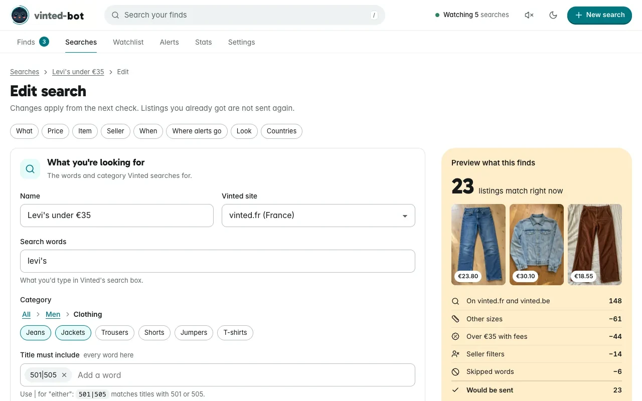 The search editor: name, Vinted site, search words, category chips and words a title must include, next to a preview saying 23 listings match right now and how many each filter removed.